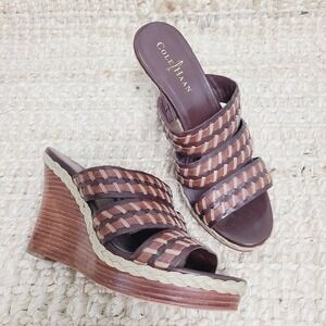 Cole‎ Haan Woven Leather Wedge Sandals Brown Boho Platform Slides NikeAir 7
